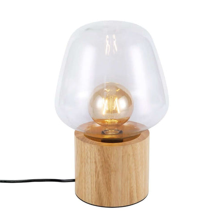 Lampe de table Christina avec dôme en verre transparent et base en bois, parfaite pour un style d’intérieur minimaliste.