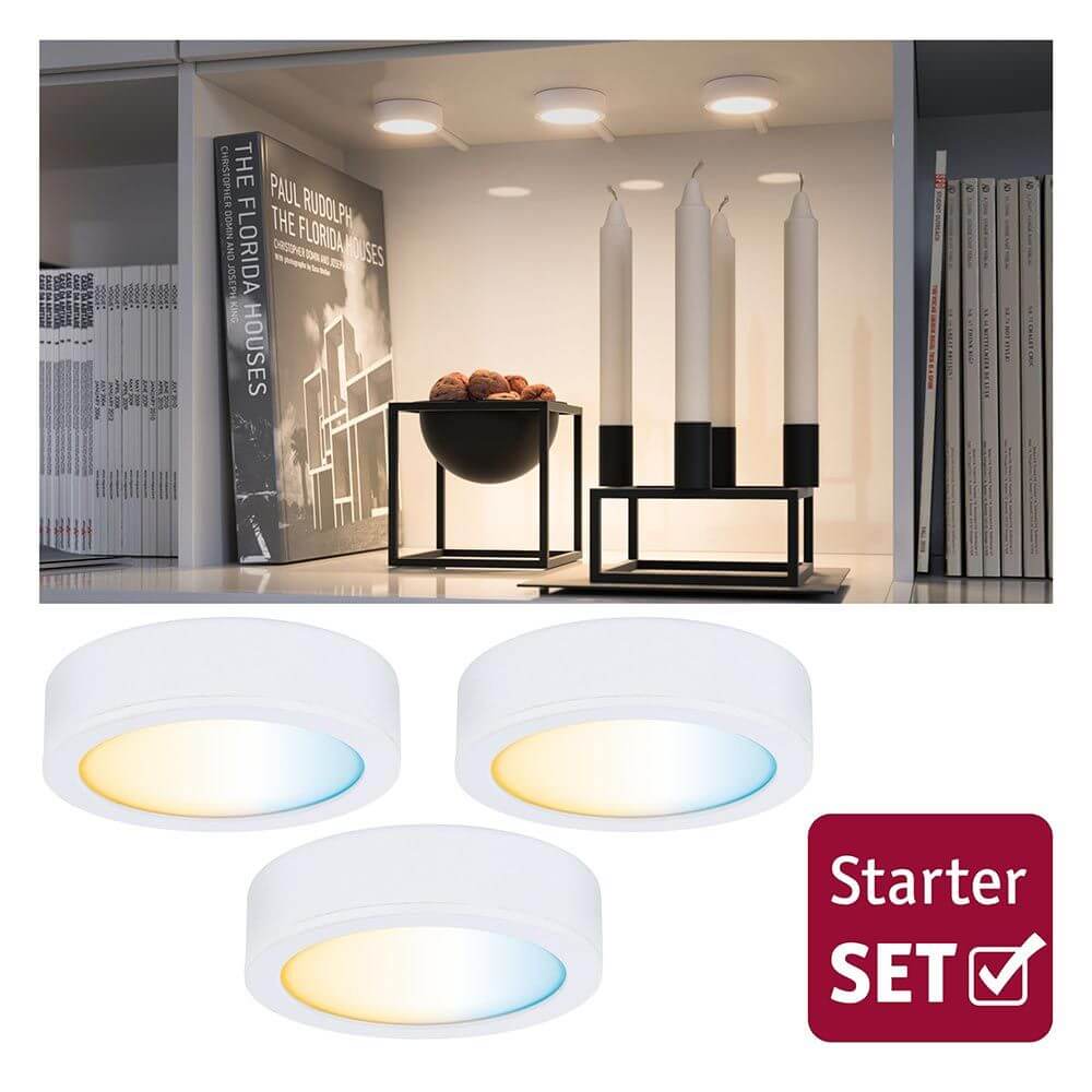 Clever LED Spot Disc Weiß 12W Weiß-Matt Starter Set mit drei LED-Spots in weiß-matt, ideal für individuelle Möbelbeleuchtung.