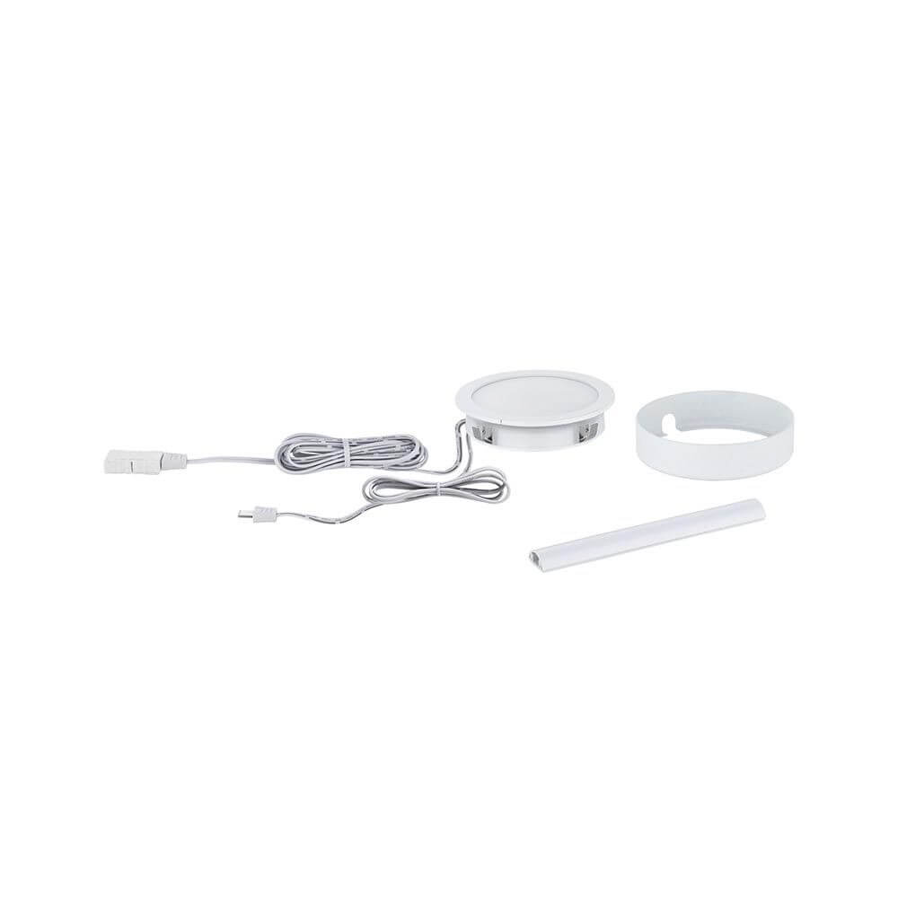 Clever LED Spot Disc Dim-to-Warm Weiß-Matt mit Kabeln und Zubehör für individuelle Möbelbeleuchtung.