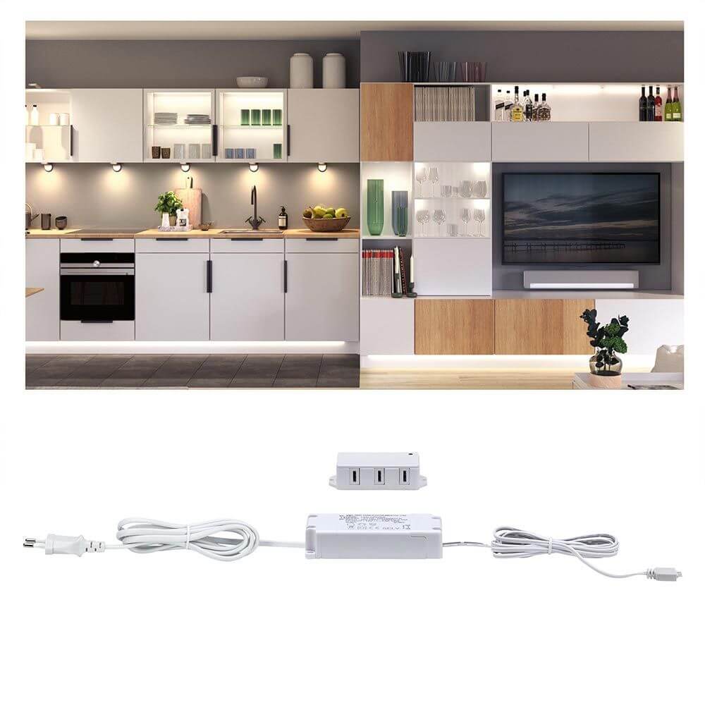 Clever Trafo 230V-12V 12W Weiß mit individuellem Möbelbeleuchtungssystem in modernem Wohnambiente.
