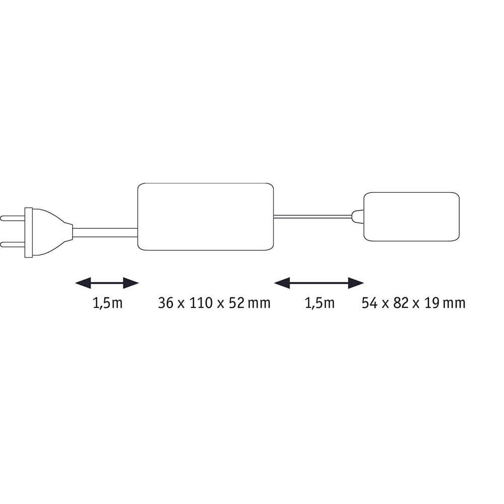 Clever Trafo 230V-12V 36W Weiß - Technische Zeichnung der Abmessungen und Kabellängen.
