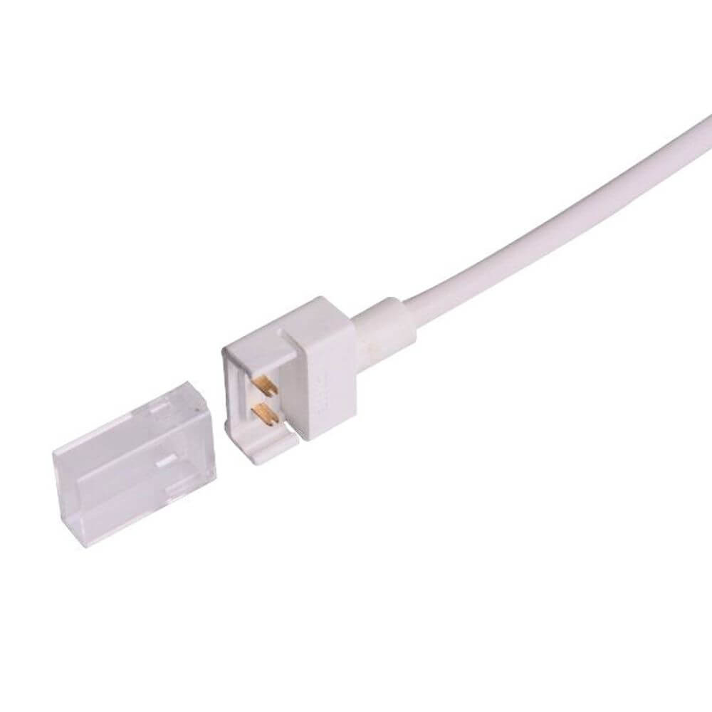 Clip-Kabelanschluss für 2-pol. IP68 LED-Strip 12mm mit weißem Kabel und 2-poligem Stecker.