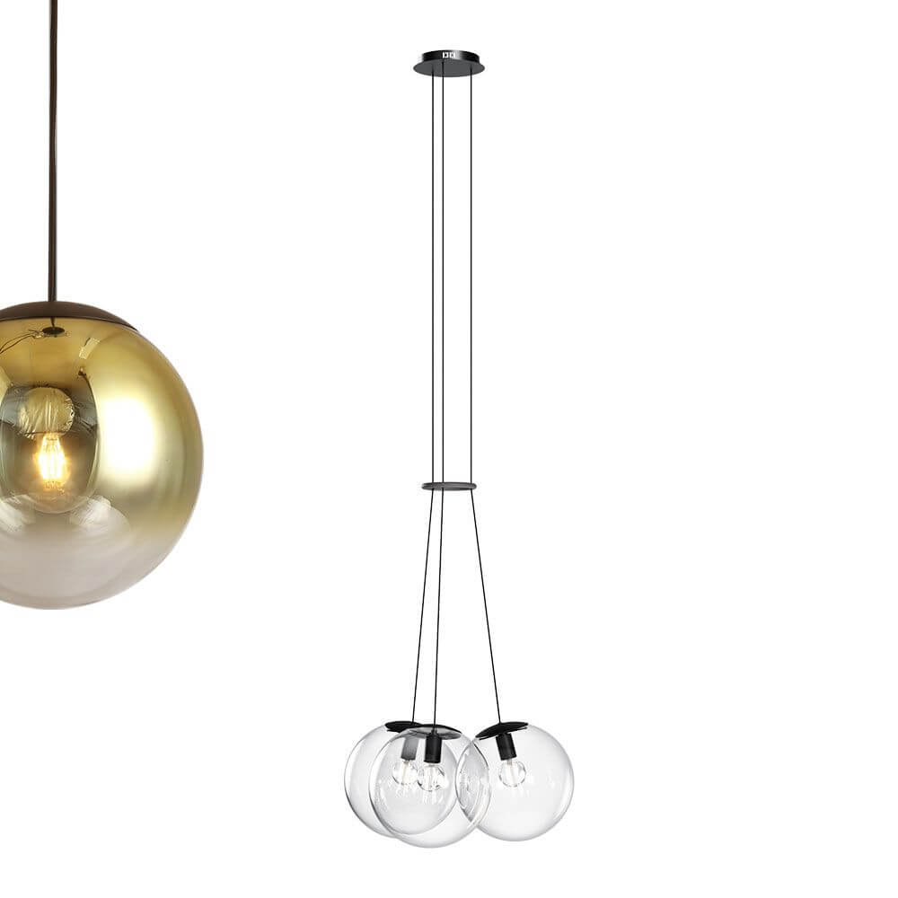 s.luce Cluster Galerielampe mit 3 Glaskugeln, elegante Hängeleuchte für gehobene Räume.