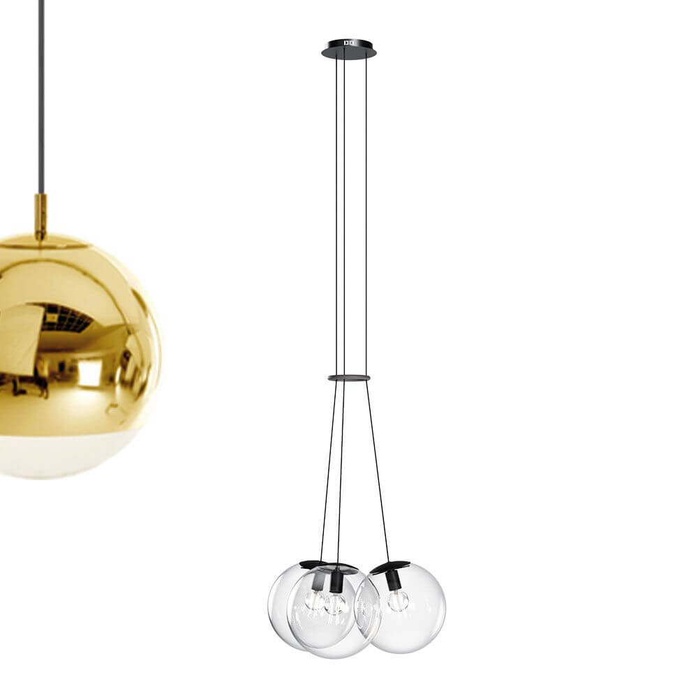 s.luce Cluster Galerielampe mit 3 Glaskugeln und goldener Pendelleuchte für stilvolle Raumgestaltung.