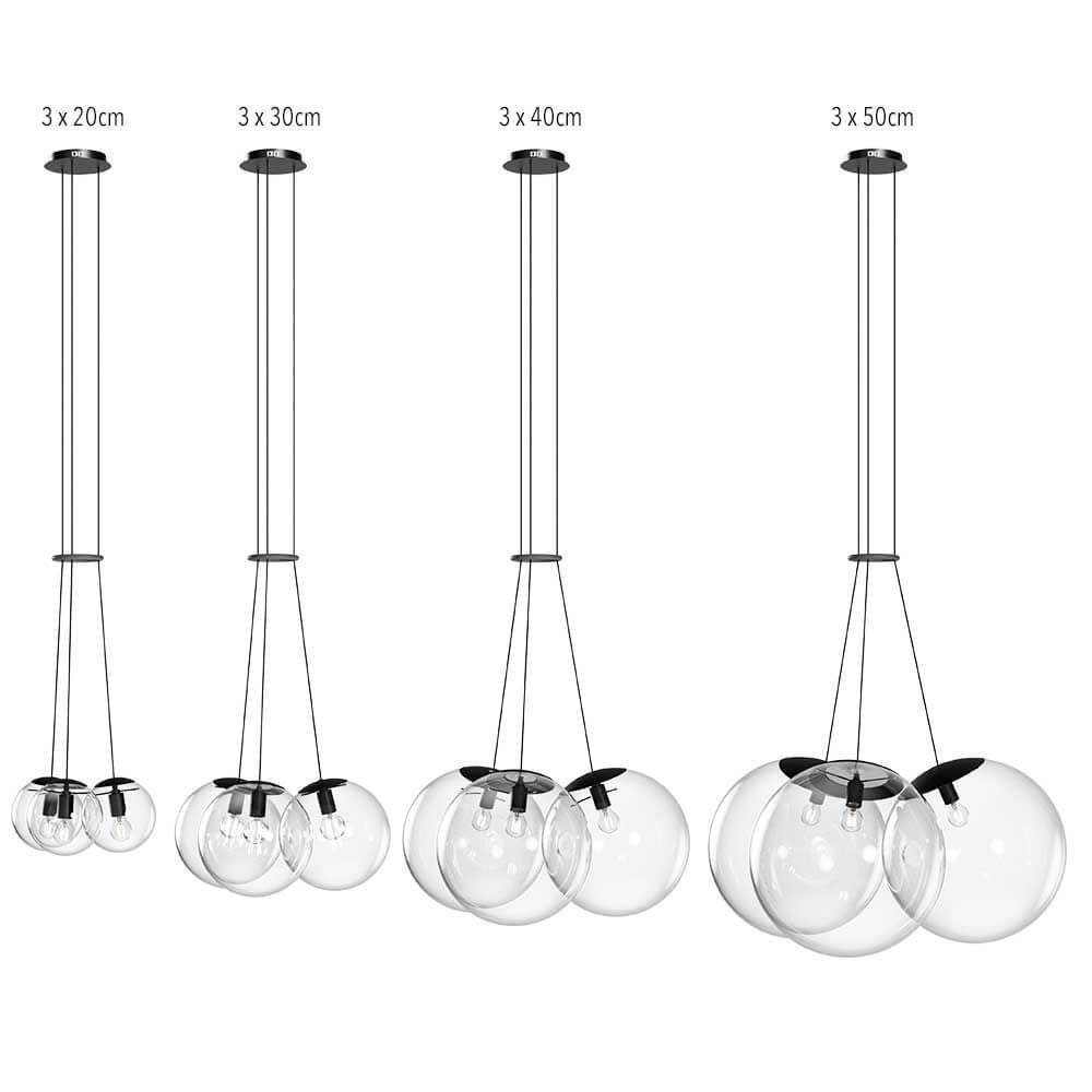 s.luce Cluster Galerielampe mit 3 Glaskugeln in verschiedenen Höhen, elegantes Design für gehobene Räume.