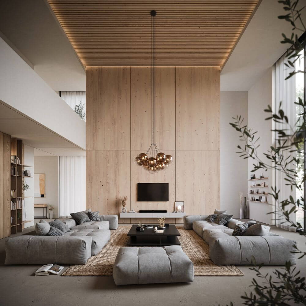 Modernes Wohnzimmer mit s.luce Cluster Hängeleuchte und gemütlichen grauen Sofas, stilvoll und hell eingerichtet.