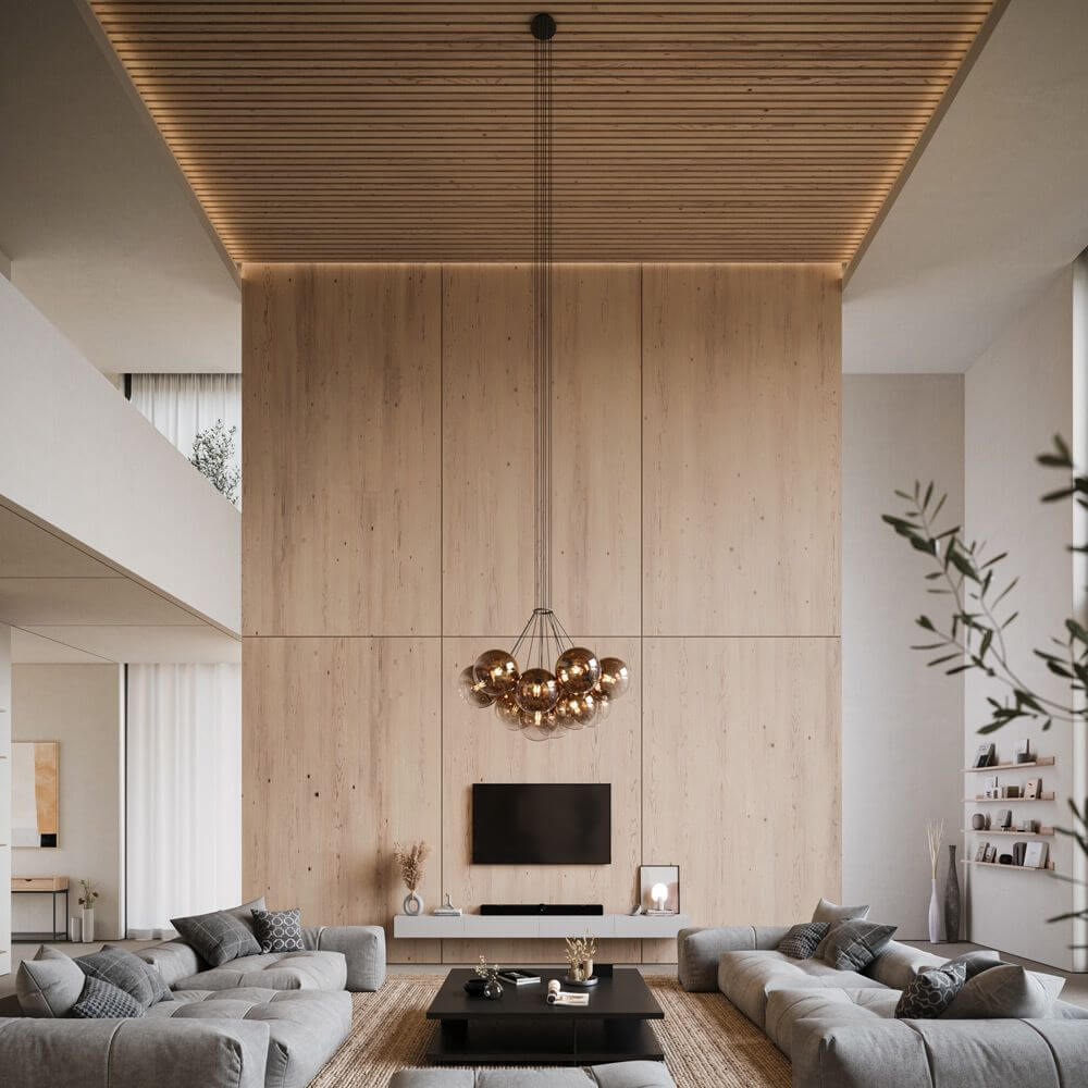 Moderne Wohnlandschaft mit s.luce Cluster Pendelleuchte und Holzvertäfelung im eleganten, lichtdurchflutetem Raum.