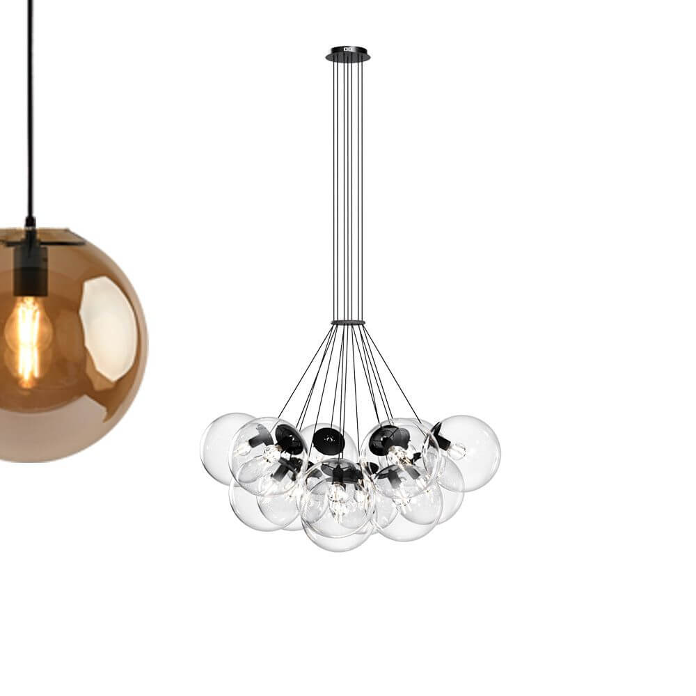 s.luce Cluster Pendellampe mit 13 transparenten Glaskugeln in modernem Design, ideal für hohe Räume.