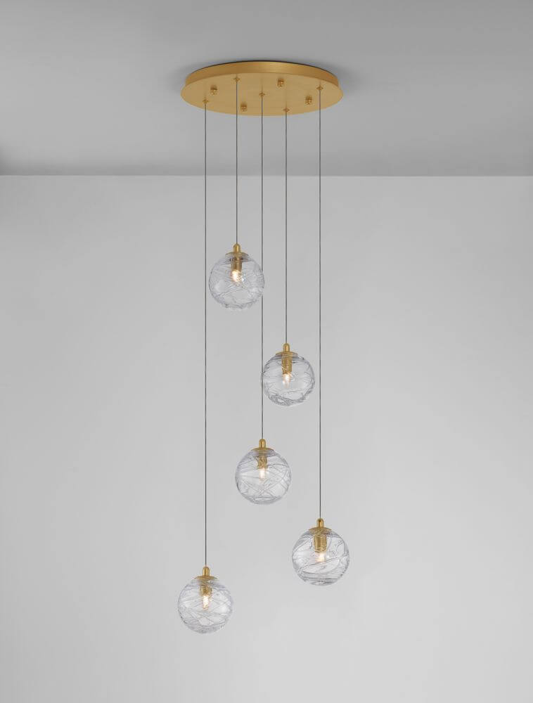 Coen Pendelleuchte 5-flammig Ø 35cm Gold, Transparent - elegante Hängelampe mit Glas und Aluminium.