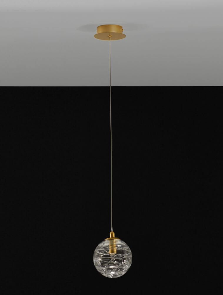 Coen Pendelleuchte Gold, Transparent – elegante Hängelampe matt Gold mit transparentem Glaskugel-Lampenschirm, Ø25 cm, Höhe 200 cm