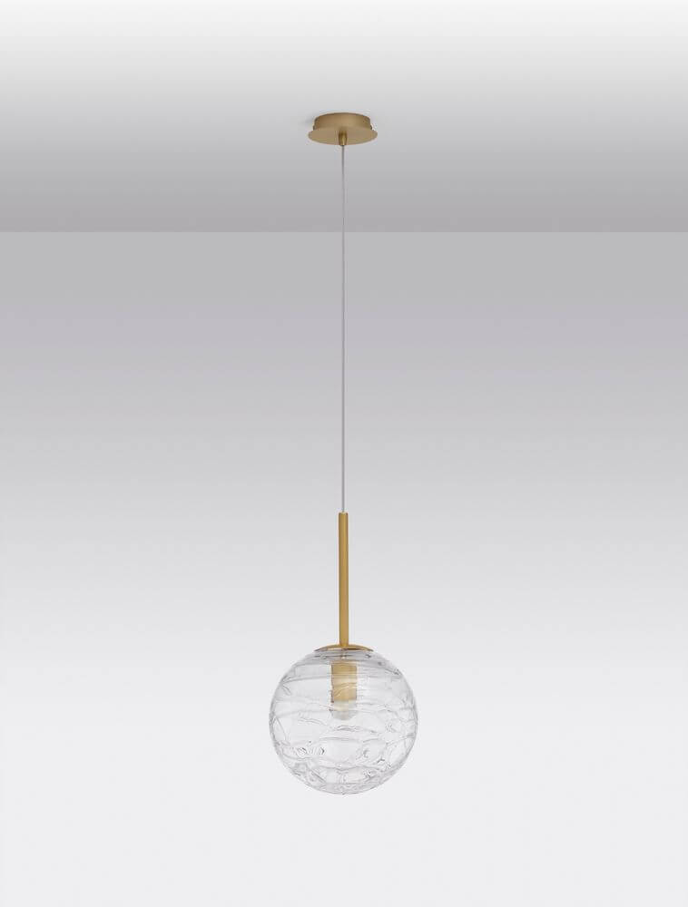 Coen Pendelleuchte Gold, Transparent hängende Glaskugel-Pendelleuchte matt Gold 25 cm Durchmesser 200 cm Höhe G9-Fassung separat