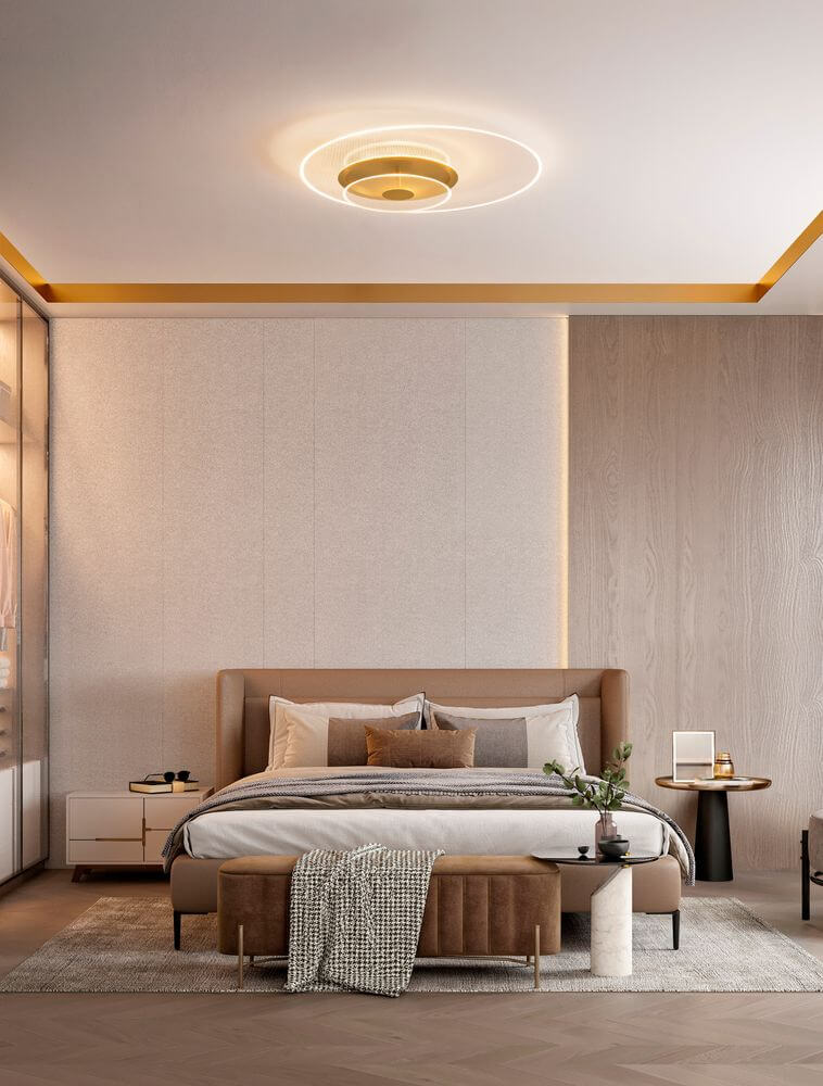 Copo LED Deckenleuchte 3000K Gold im modernen Schlafzimmer mit eleganter Einrichtung und sanfter Beleuchtung.