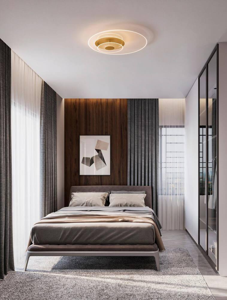 Elegante VALENTIN LED Deckenleuchte 3000K in modernem Schlafzimmer mit warmem Licht.