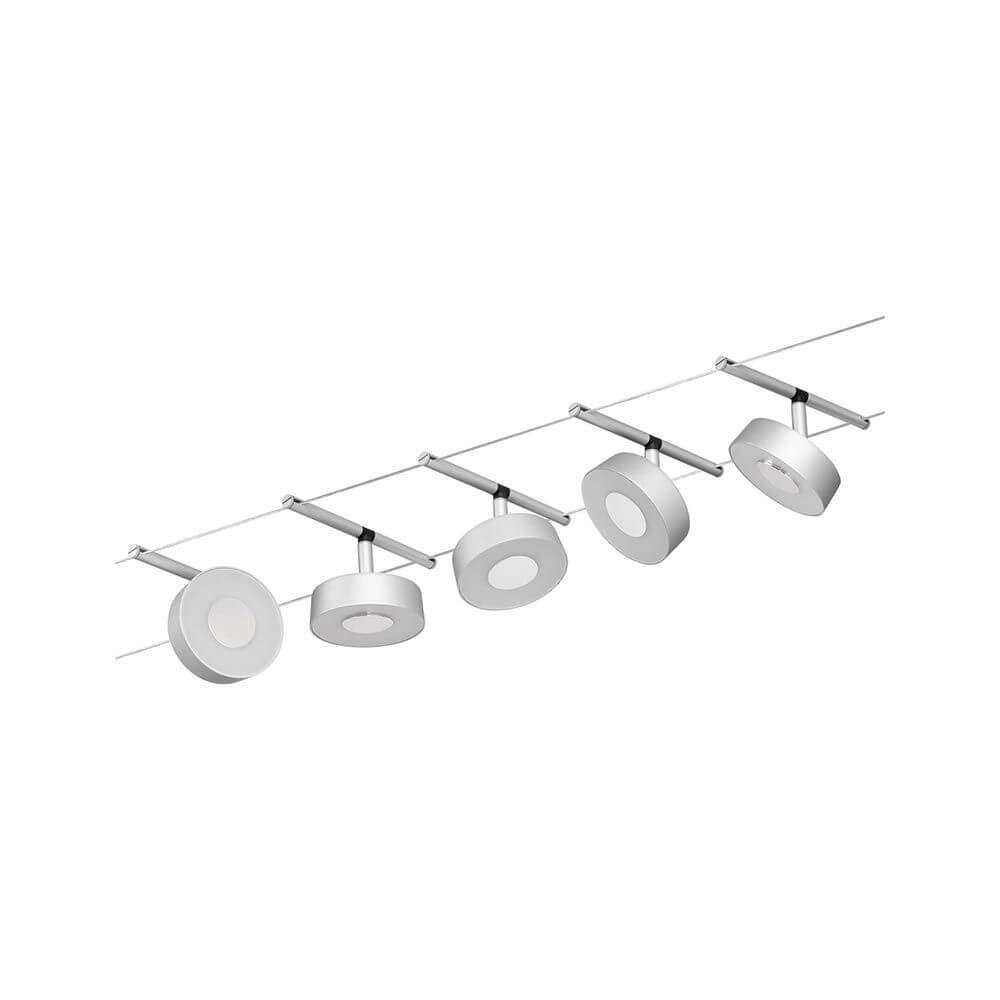 CorDuo LED Seilsystem Circle Basis-Set Chrom mit 5 LED-Spots an einem Seil montiert.