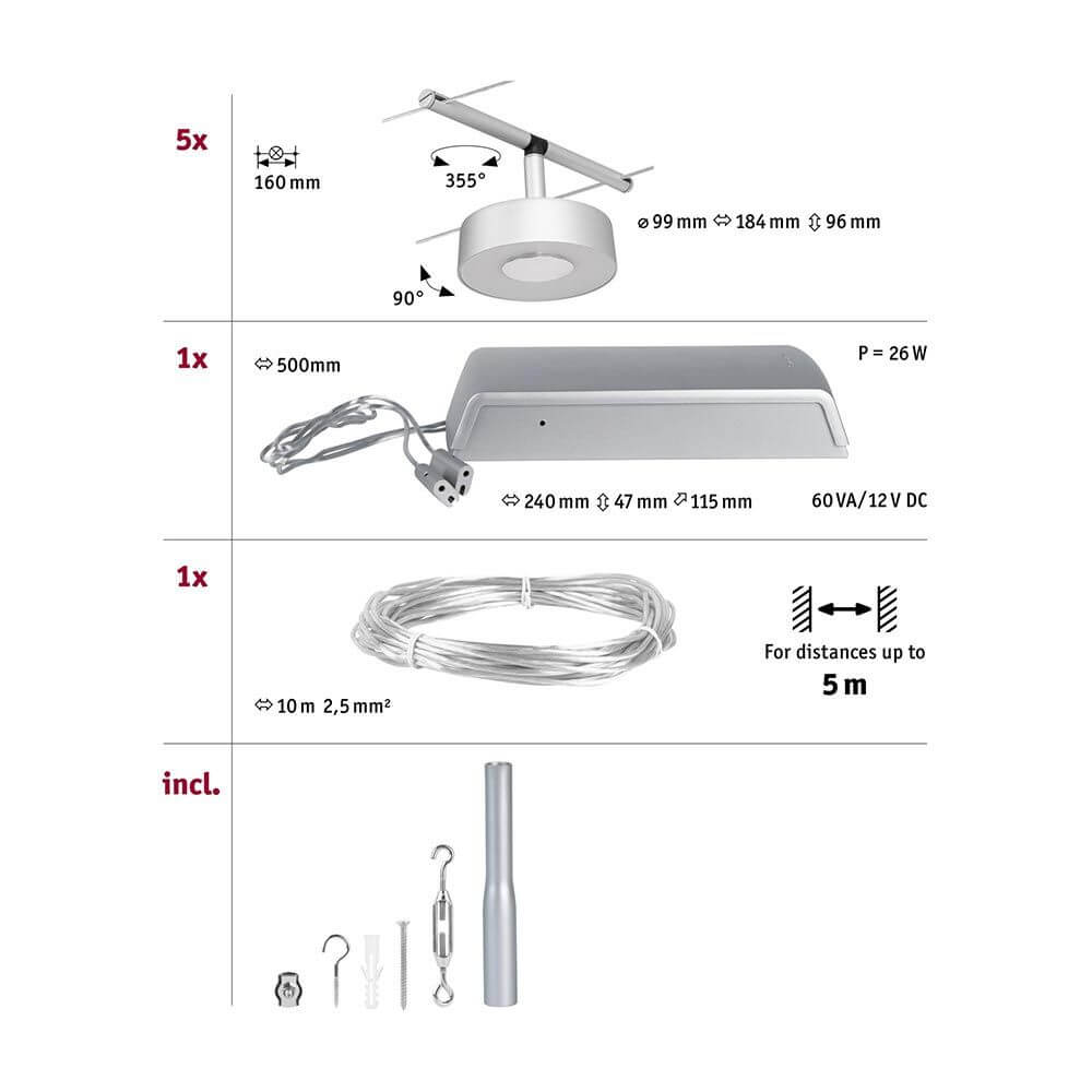Produktillustration des CorDuo LED Seilsystem Circle Basis-Set Chrom mit Montageinformationen und Zubehör.