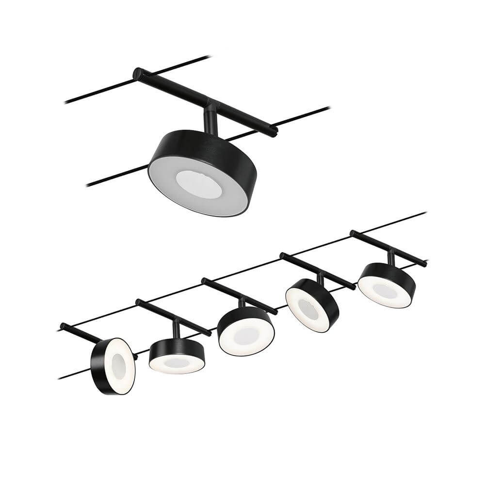 CorDuo LED Seilsystem Circle Basis-Set Schwarz-Matt, Chrom mit 5 LED-Spots in Deckenmontage.