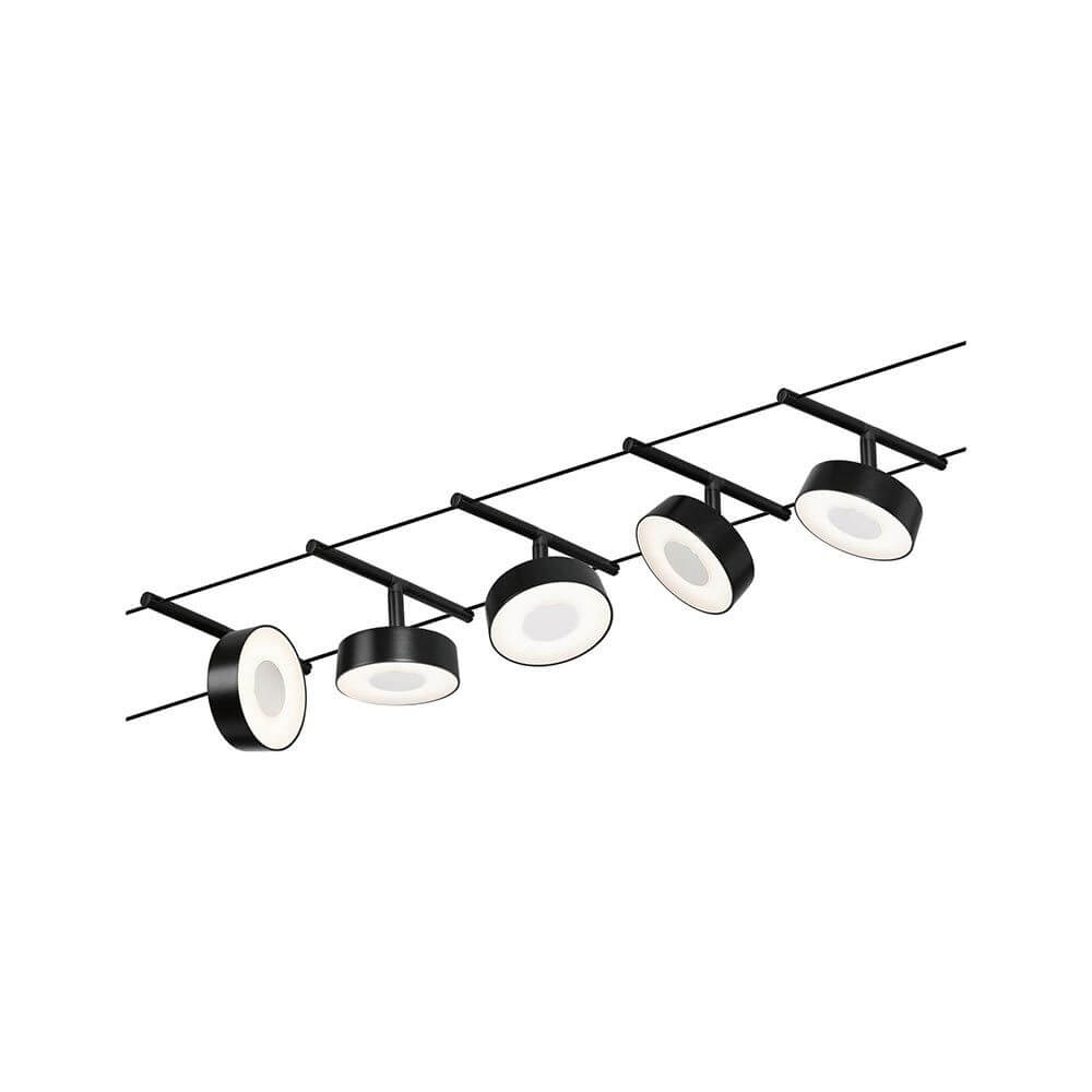 CorDuo LED Seilsystem Circle Basis-Set Schwarz-Matt, Chrom mit fünf LED-Spots an einem Seil.