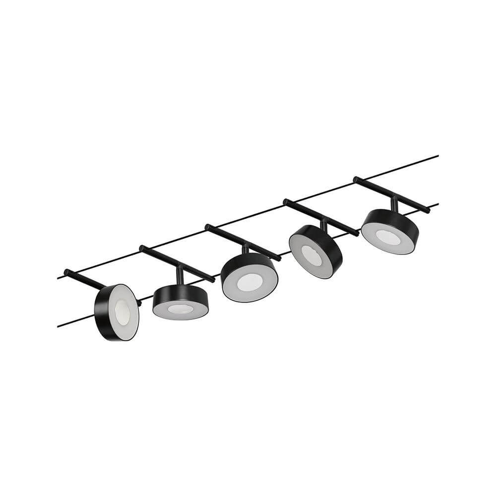 CorDuo LED Seilsystem Circle Basis-Set Schwarz-Matt, Chrom mit 5 LED-Spots an einer Seilstruktur.