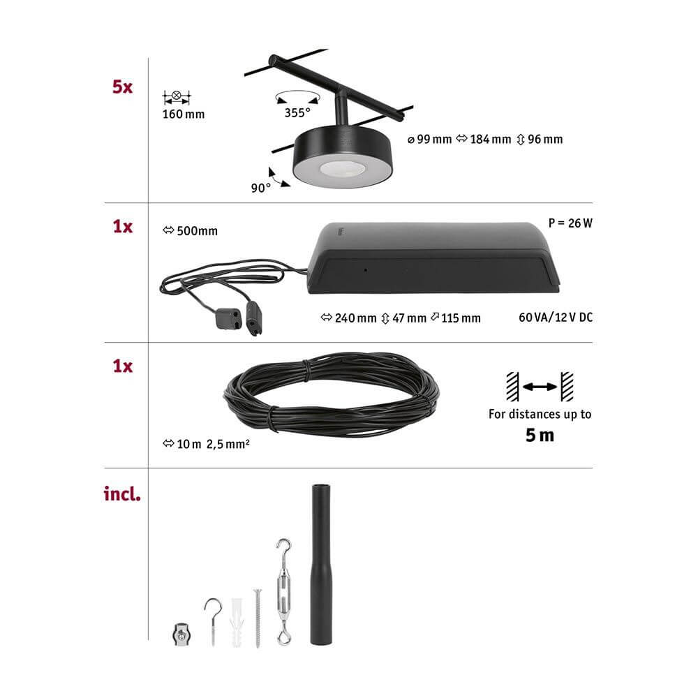 CorDuo LED Seilsystem Circle Basis-Set Schwarz-Matt, Chrom, inklusive 5 LED-Spots und Zubehör