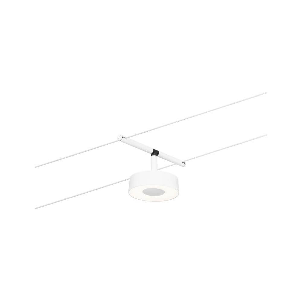 CorDuo LED Seilsystem Circle Basis-Set Weiß, Chrom mit LED-Spot an Kabelsystem montiert.