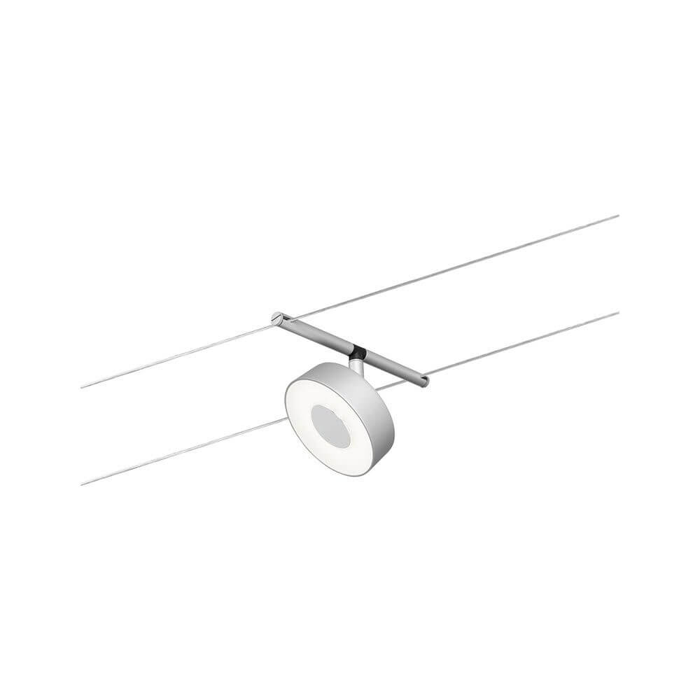 CorDuo LED Seilsystem Circle Einzelspot Chrom-Matt an einem Seil montiert, ideal für individuelle Raumgestaltung.
