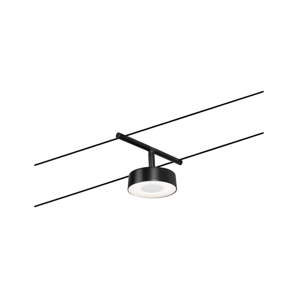 CorDuo LED Seilsystem Circle Einzelspot Schwarz-Matt, Chrom an einer Decke montiert.