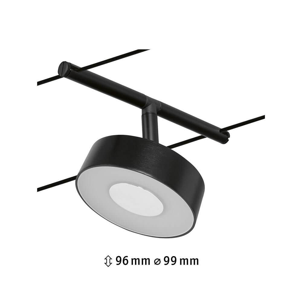 CorDuo LED Seilsystem Circle Einzelspot Schwarz-Matt, Chrom an Seilmontage mit Abmessungen 96 mm und 99 mm.