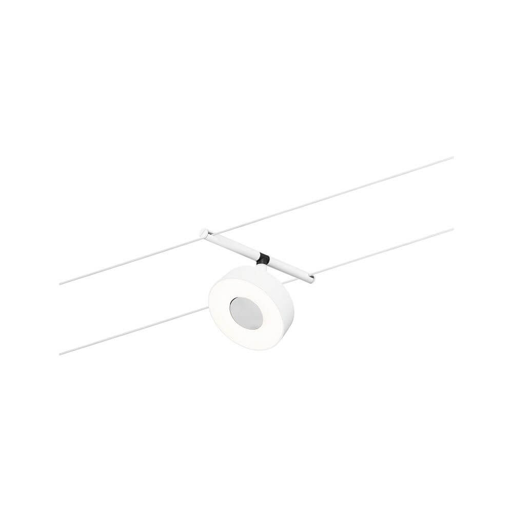CorDuo LED Seilsystem Circle Einzelspot Weiß-Matt, Chrom an einem Seil montiert.