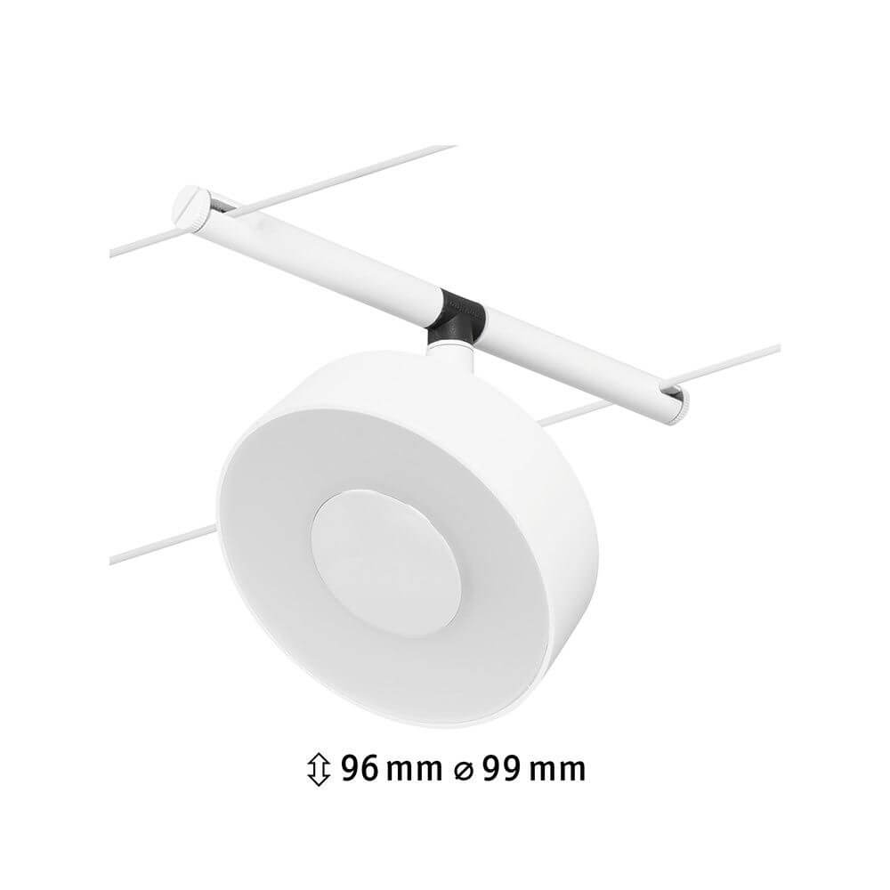 CorDuo LED Seilsystem Circle Einzelspot Weiß-Matt, Chrom mit Abmessungen 96mm Höhe und 99mm Durchmesser.