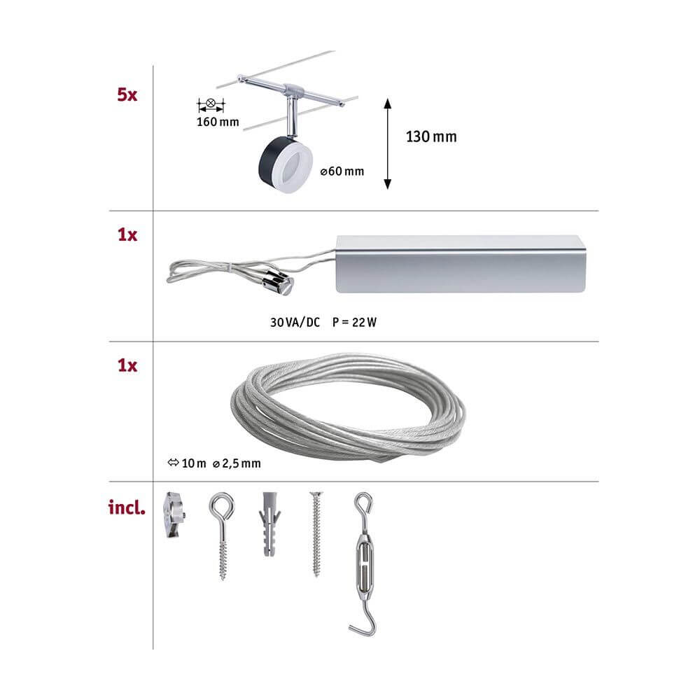CorDuo LED Seilsystem Clear Basis-Set Schwarz, Chrom Montagezubehör und Komponenten Übersicht