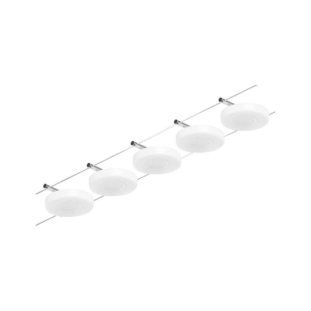CorDuo LED Seilsystem Disc Basis-Set Chrom-Matt mit fünf LED-Discs auf Seilsystem montiert.