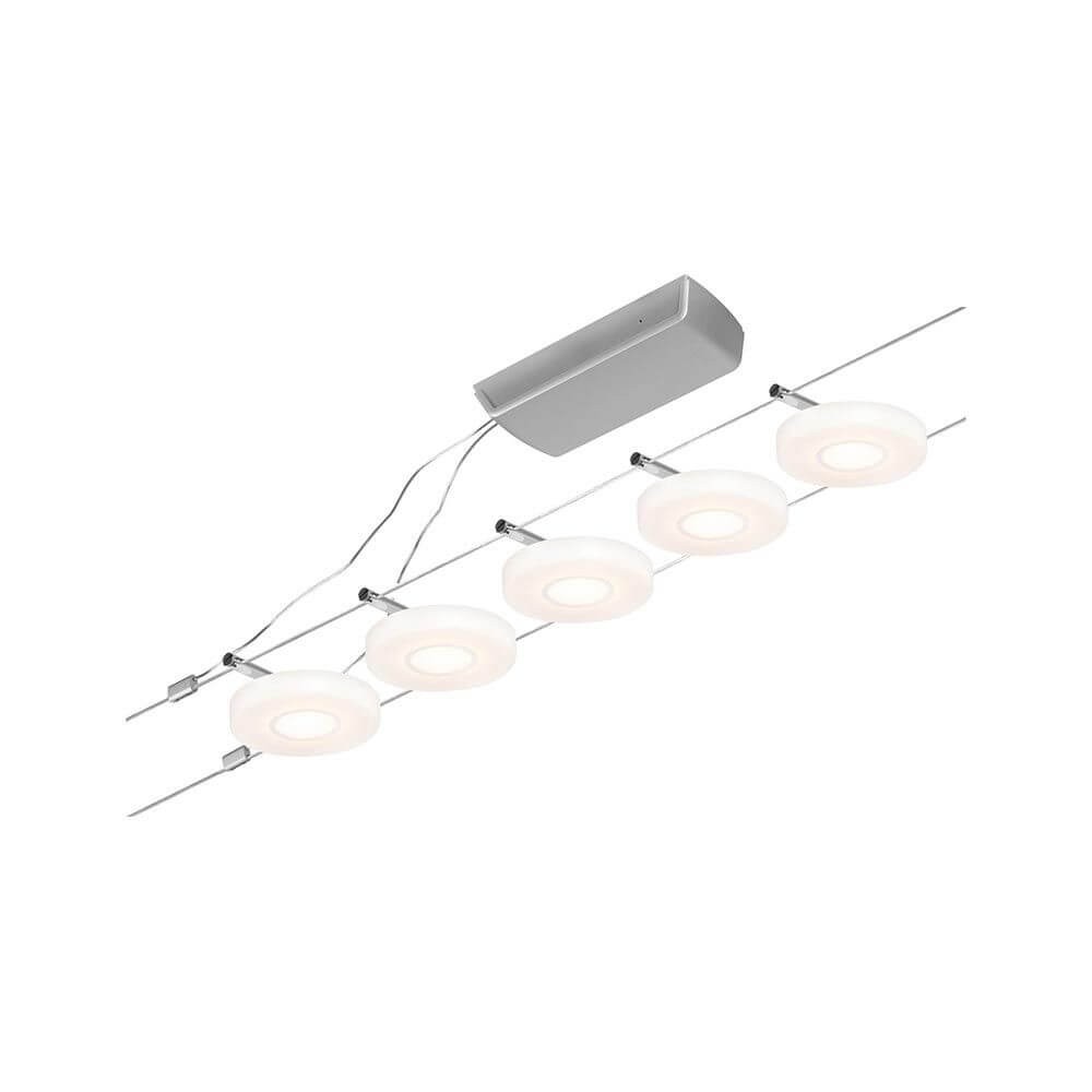 CorDuo LED Seilsystem Disc Basis-Set Chrom-Matt mit fünf Spots und dezentem Design.