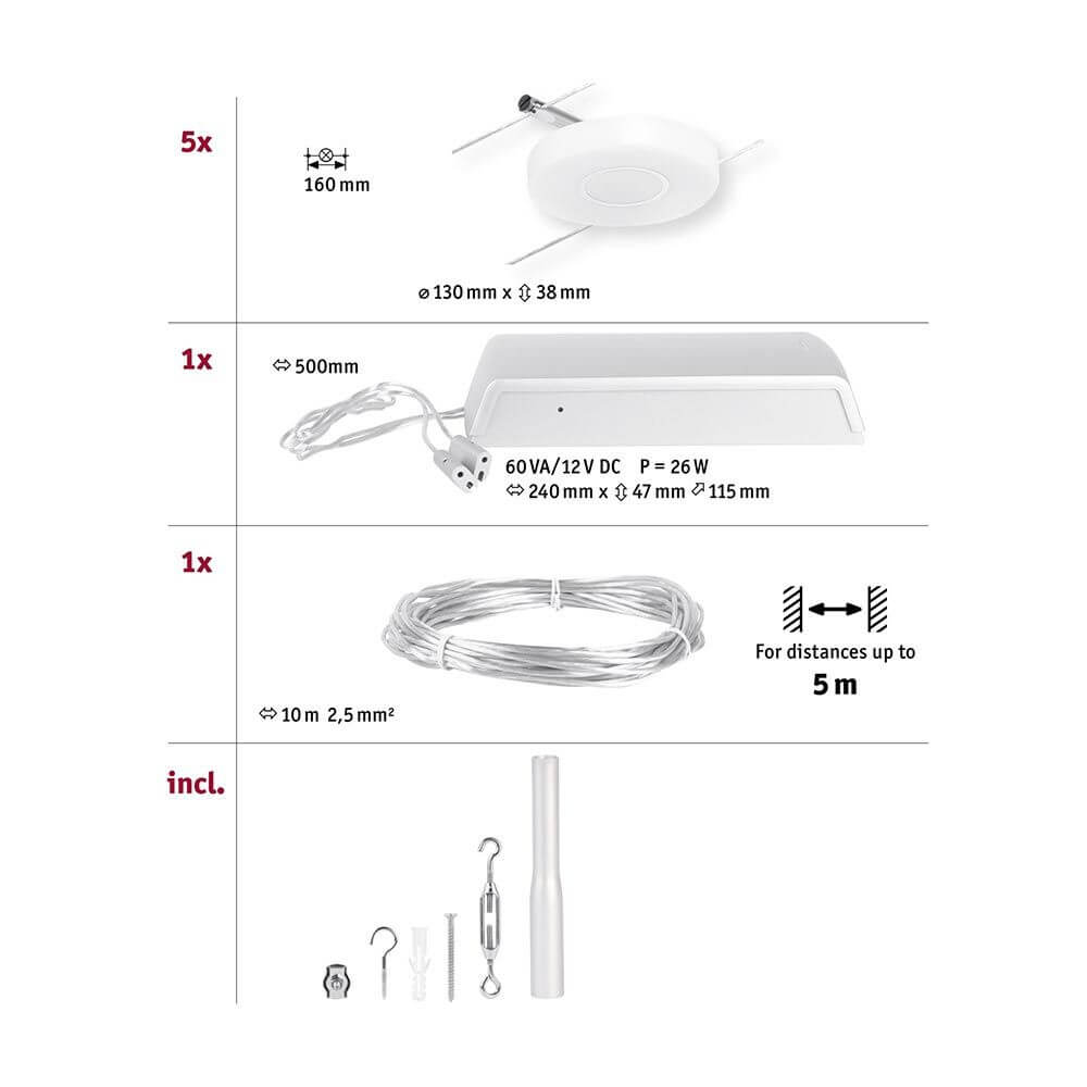 CorDuo LED Seilsystem Disc Basis-Set Chrom-Matt, technische Details und Zubehörübersicht.