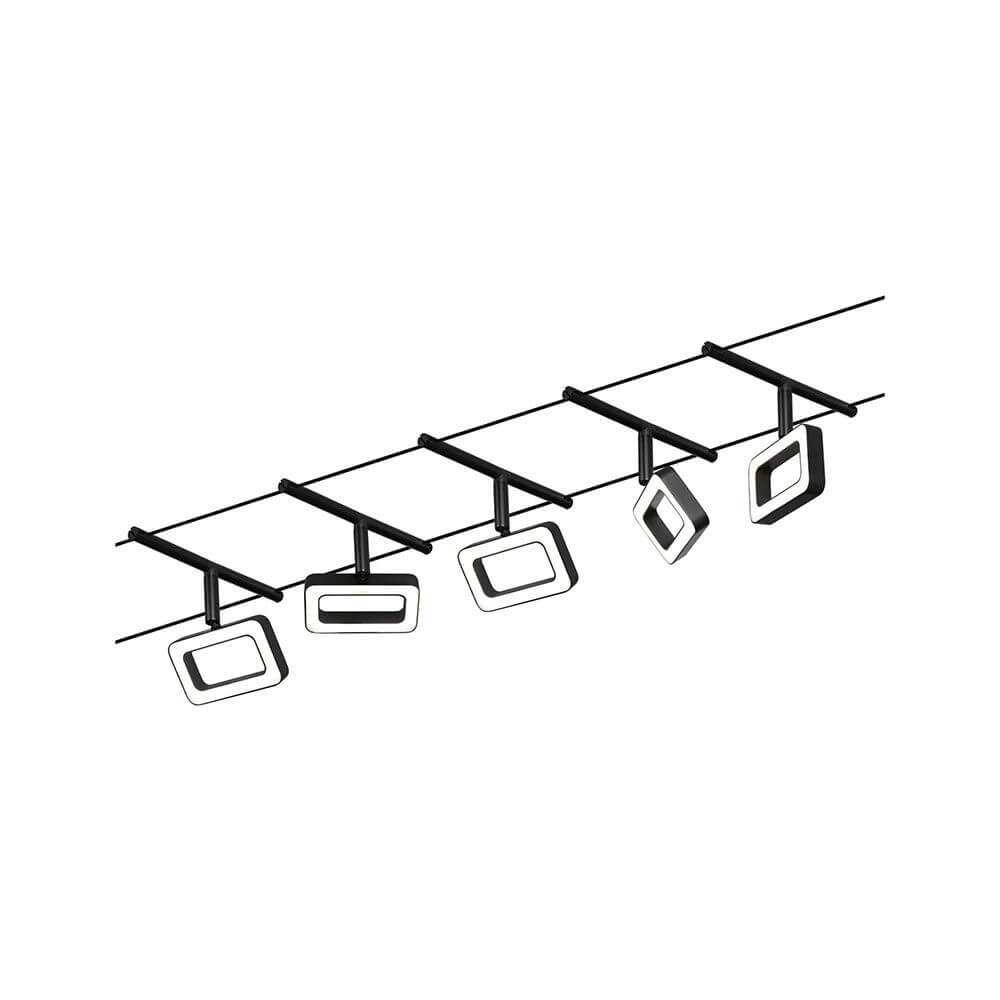 CorDuo LED Seilsystem Frame Basis-Set Schwarz-Matt, Chrom mit 5 LED-Spots an einem Seilsystem.