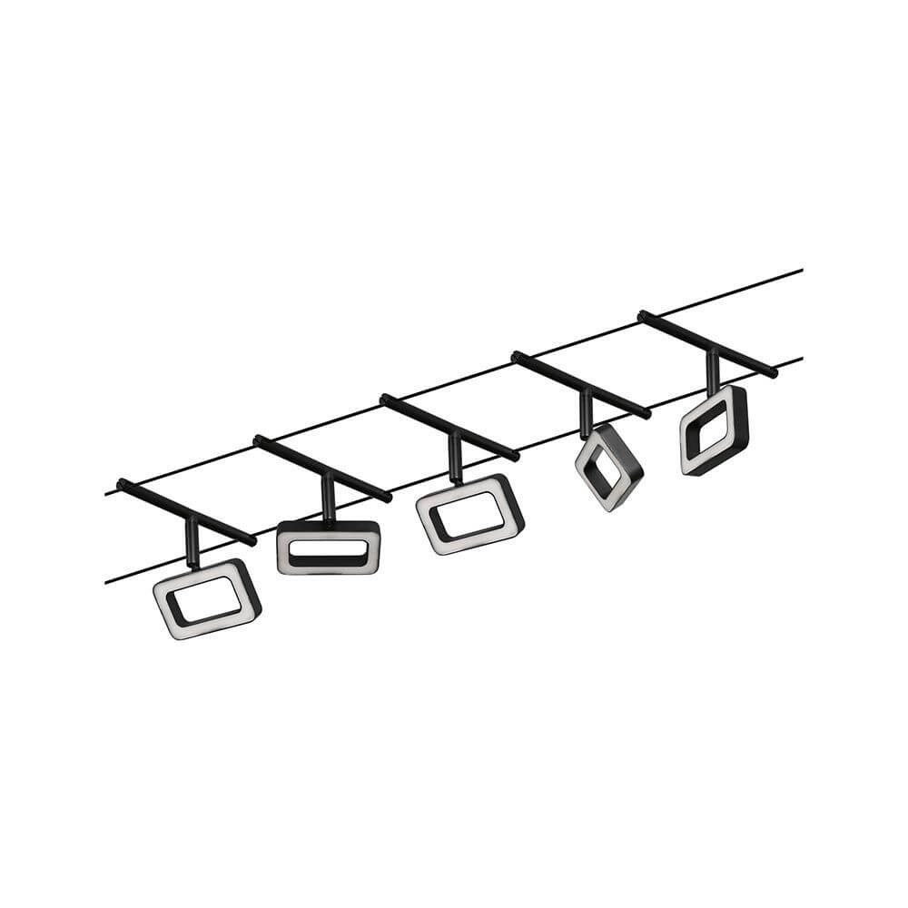 CorDuo LED Seilsystem Frame Basis-Set Schwarz-Matt, Chrom mit 5 LED-Spots an einer Schiene.