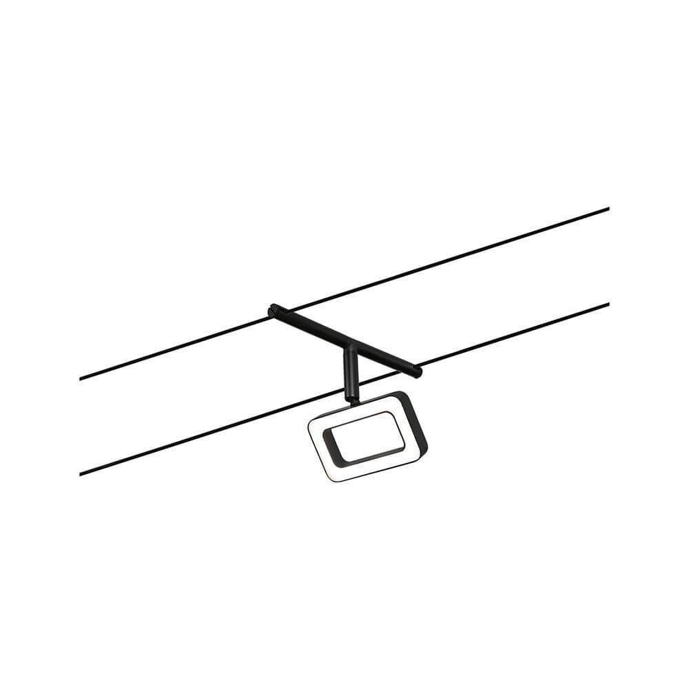 CorDuo LED Seilsystem Frame Basis-Set Schwarz-Matt, Chrom mit LED-Spot an Seilsystem montiert.