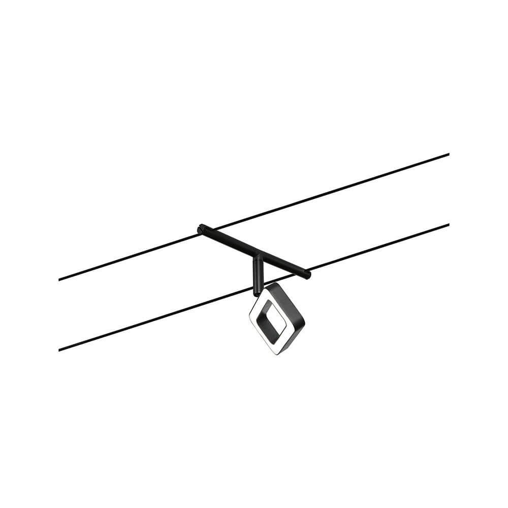 CorDuo LED Seilsystem Frame Basis-Set Schwarz-Matt, Chrom mit LED-Spot an Seil montiert