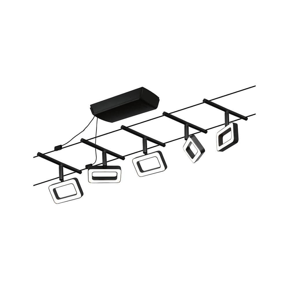 CorDuo LED Seilsystem Frame Basis-Set Schwarz-Matt, Chrom mit 5 LED-Spots montiert an der Decke.