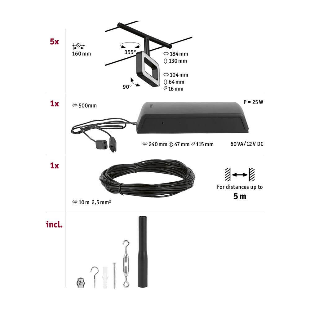 CorDuo LED Seilsystem Frame Basis-Set Schwarz-Matt, Chrom Zubehör und Montageanleitung