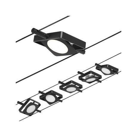 CorDuo LED cable system Mac basic set, matte black, chrome with 5 LED-spots mounted on a cable.