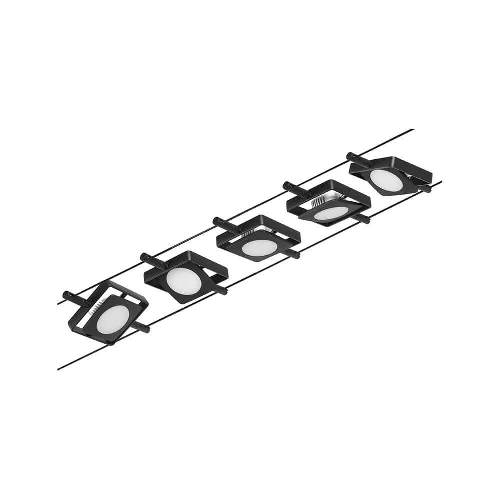 CorDuo LED Seilsystem Mac Basis-Set Schwarz-Matt, Chrom mit fünf LED-Spots auf einem Seil angebracht.