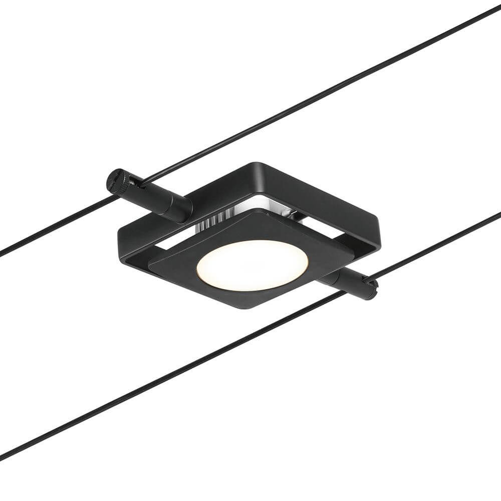 CorDuo LED Seilsystem Mac Basis-Set Schwarz-Matt, Chrom mit quadratischem LED-Spot.