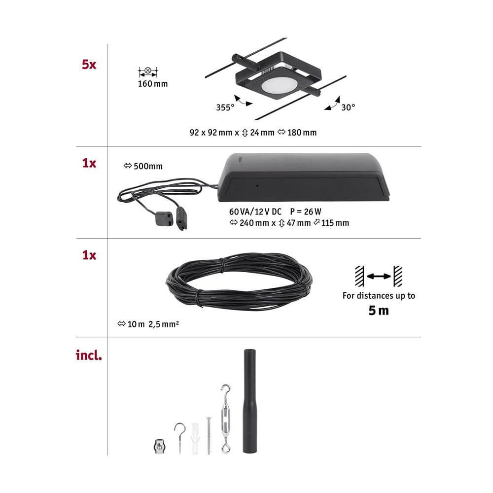 CorDuo LED Seilsystem Mac Basis-Set Schwarz-Matt, Chrom Montagezubehör und Spezifikationen