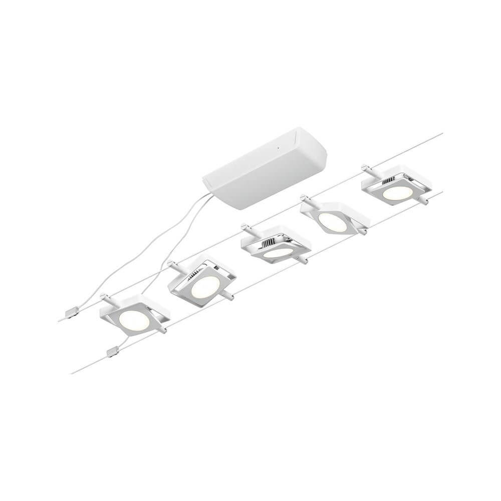 CorDuo LED Seilsystem Mac Basis-Set Weiß, Chrom mit 5 LED-Spots an Kabel montiert.