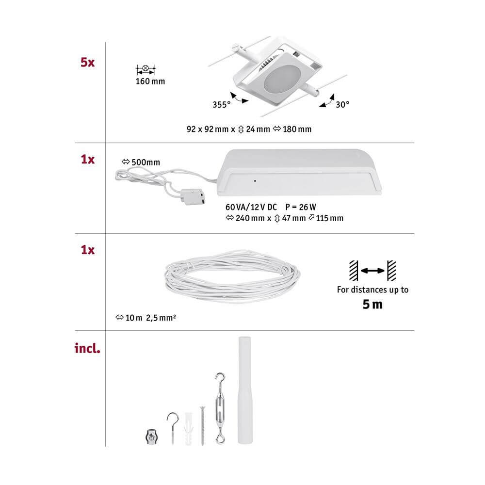 CorDuo LED Seilsystem Mac Basis-Set Weiß, Chrom Komponenten und technischen Details