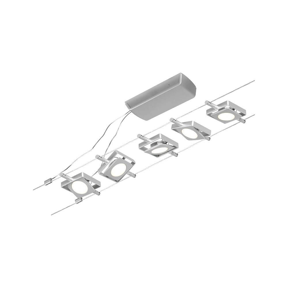 CorDuo LED Seilsystem Mac Basissett Chrom-Matt mit 5 LED-Spots an einem Seilsystem.