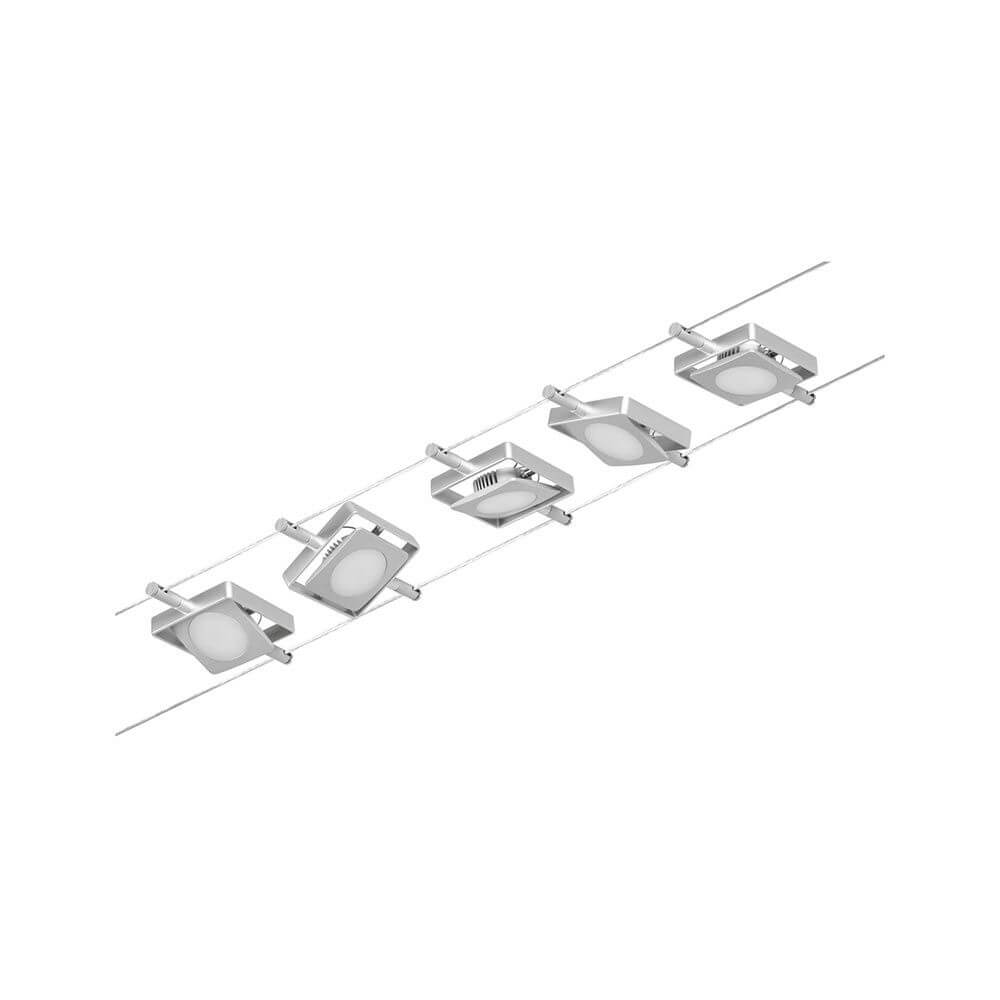 CorDuo LED Seilsystem Mac Basissett Chrom-Matt mit 5 LED-Spots auf einem flexiblen Seilsystem.