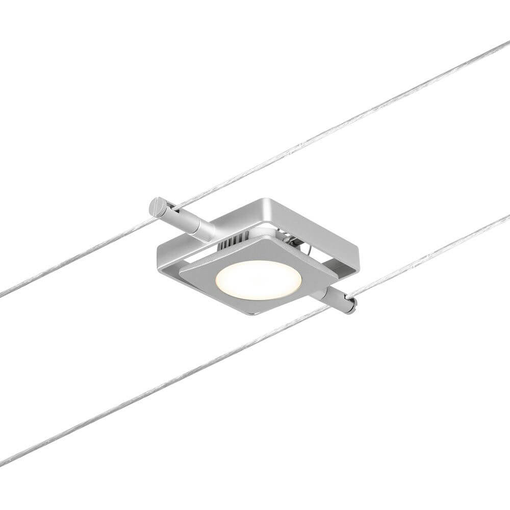 CorDuo LED Seilsystem Mac Basissett Chrom-Matt mit 5 LED-Spots an einem Seil montiert.