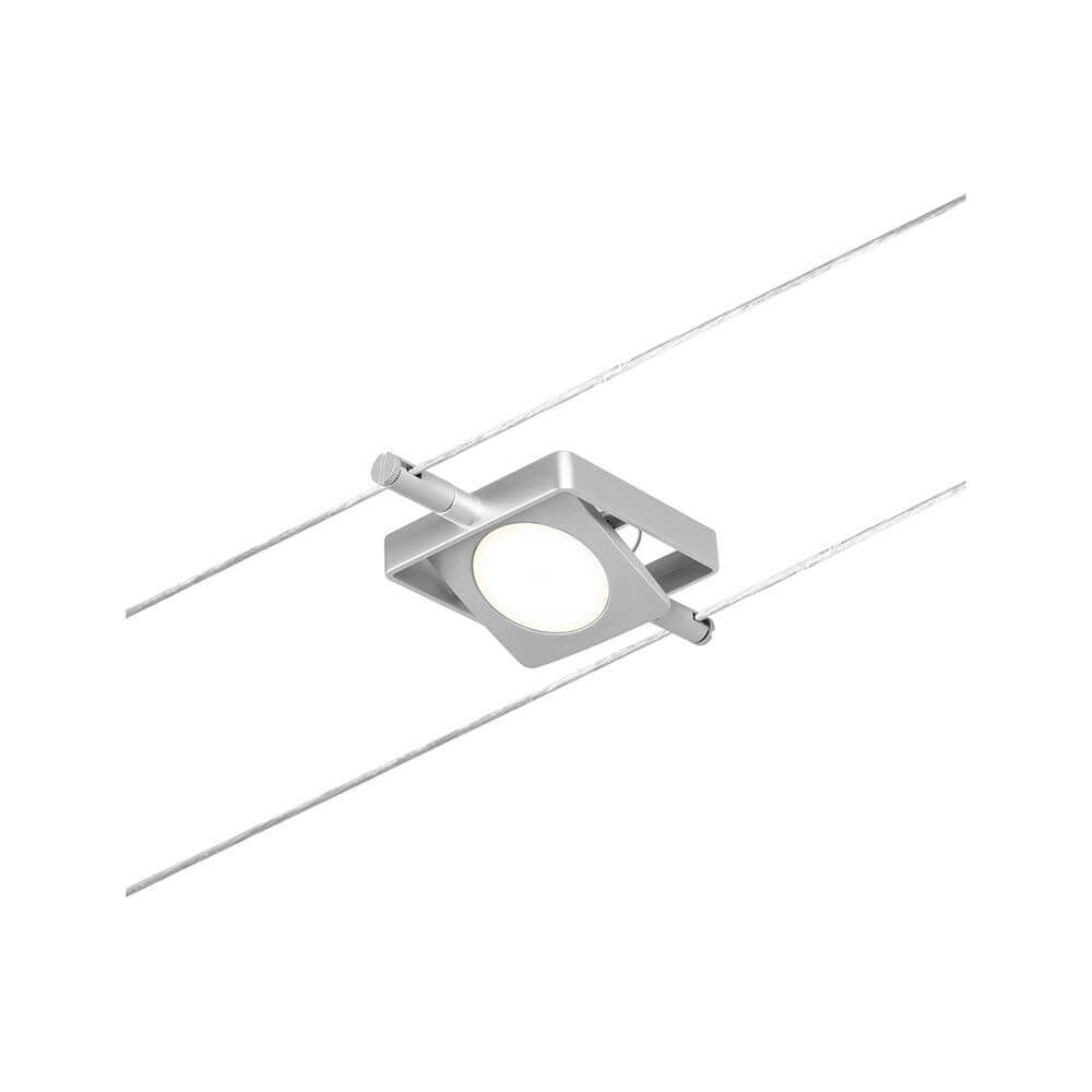 CorDuo LED Seilsystem Mac Basissett Chrom-Matt mit quadratischem LED-Spot auf Seil.