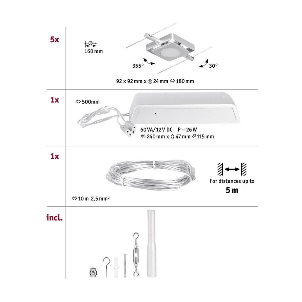 CorDuo LED Seilsystem Mac Basissett Chrom-Matt Set mit 5 LED-Spots und Montagezubehör.